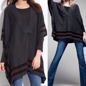 Hinge poncho sweater gray brown stripe buttons neutral v neck knit cape cozy